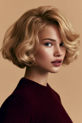 Golden blonde curly bob with volume