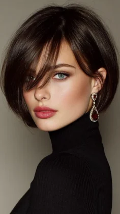 Dark brown French bob with wispy bangs