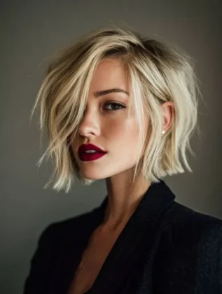 Platinum blonde bob with a deep side part