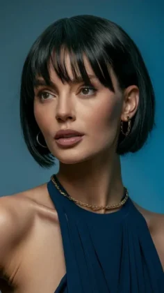Black chin-length bob with blunt bangs