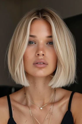 Honey blonde shoulder-skimming bob with curtain bangs